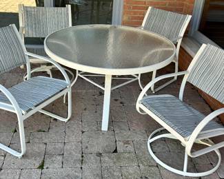 Winston Outdoor 5pc Patio Set $350 includes 2 rock & swivel chairs, 2 upright & Table 48Rnd x 28”h; 
Chair seat 24w x 17.5”d 