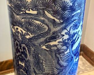 Porcelain blue and white Asian umbrella stand / vase 10” Rnd x 25”h $65