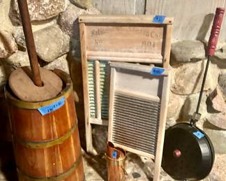 Wood butter churner $35
Wash boards large $28 small $10