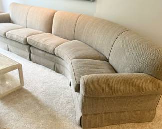 Kravet Upholstered 2 section curved Sofa with Down Cushions
13feet wide x 36”deep x 18” floor to seat $595