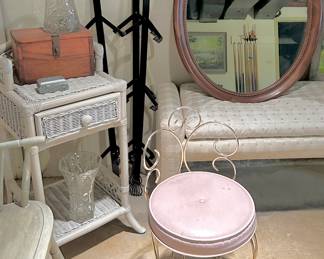 25sq x 35”h Gray Rattan 1 drawer & bottom shelf  accent stand $45 
Black metal wall racks $15ea
Vanity seat with pink cushion $20
27 x 38” vintage wood framed oval mirror $45