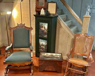 Eastlake glider $85
Eastlake Wood w/ Cane seat &  back rocker $75
Eastlake Shaving mirror $45
Green cabinet & bench sold