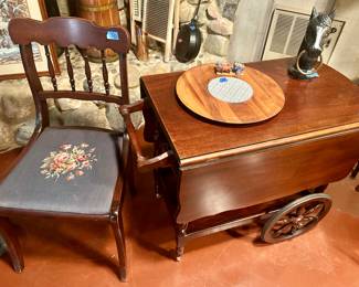 Embroidered seat chair $50
Drop leaf cart /table 35Lx 19w 
(43“ open) x 28”h $69