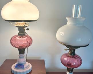 9w x 20”h cranberry depression & milk glass vintage Hurricane lamps $75ea