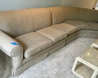 Kravet Upholstered 2 section curved Sofa with Down Cushions
13feet wide x 36”deep x 18” floor to seat $595