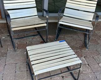 Vintage three-piece, wrought iron w/ rubber like strapping  rocker, footstool,  Stationary Arm Chair $195