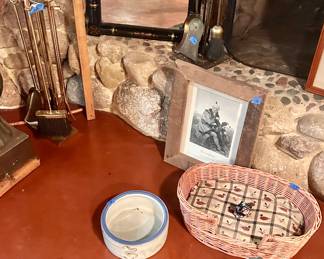 Black w/ gold accent framed mirror 19.5 x 21.5 $65 
Sand I Cast Black Lab $45
Dog bowl $10
Fireplace tools: 
bright brass 4 pc w/ stand  set $65 heavy brushed set $89

