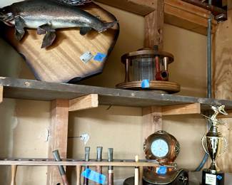 Brass scuba helmit clock $50
Mounted fish $20
Glass tobacco jar or long wood pipe holder $15ea pipes $3ea
