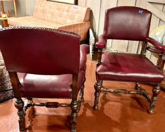 Vintage Burgundy Leather arm chairs with brass grommet trim 26w x 20d x 18 floor to seat $145 ea