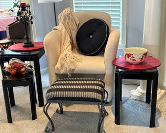 Cream club chairs (1 of 2), nesting tables, ottoman 