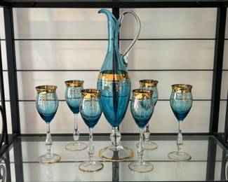 Mid century aqua blue pitcher and glass set