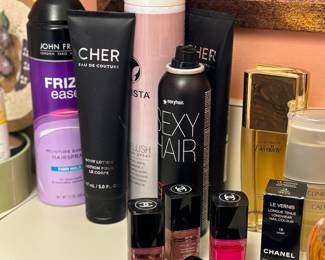 Perfume, hair products, makeup, nail polish