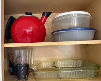 Tea pot, baking pans, tupperware