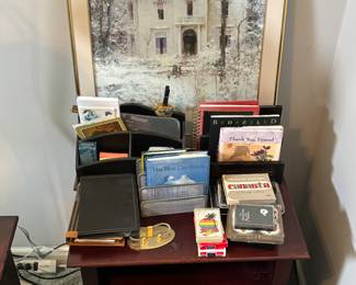 Cherry cabinet, art, office supplies