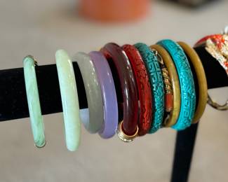 Bakelite, jade, carved bracelets / bangles