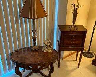 Jewelry box, antique table, lamp