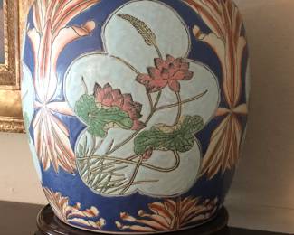Vintage Chinese hand-painted porcelain ginger jar with lotus decoration