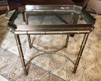 Asian style faux bamboo brass table with removable glass tray top