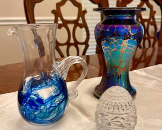 Hand Blown Art Glass Blue Swirl Pitcher Vintage Spider Glass Vase signed Abelman 1998, Crystal Egg