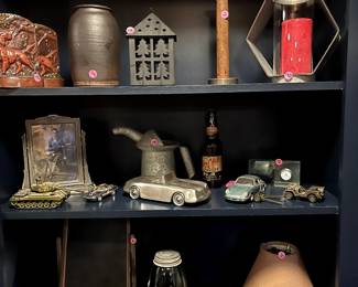 Antique toys, Aluminum cast sports car, Ball jars, etc.