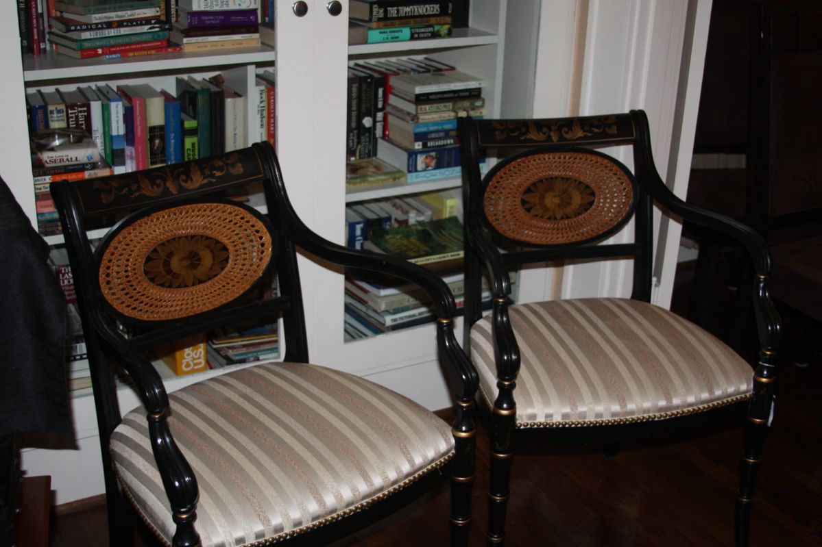 Pair of Regency style gilt lacquer dining chairs 