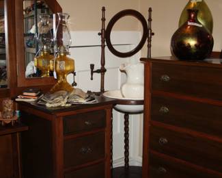 Antique vanity w/mirror, antique wash stand, antique chest of drawers