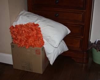 Leather king-size bed, bedroom furniture - chest of drawers, dresser and night stands, lamps