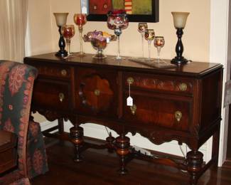 Antique Buffet cabinet, matching Dining table with 4/leaves, 4-leather/wood side chairs, 5-upholstered dining side chairs.