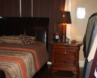 Leather king-size bed, bedroom furniture - chest of drawers, dresser and night stands, lamps