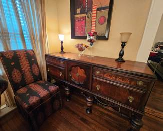 Antique Buffet cabinet, matching Dining table with 4/leaves, 4-leather/wood side chairs, 5-upholstered dining side chairs.