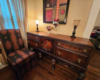 Antique Buffet cabinet, matching Dining table with 4/leaves, 4-leather/wood side chairs, 5-upholstered dining side chairs.
