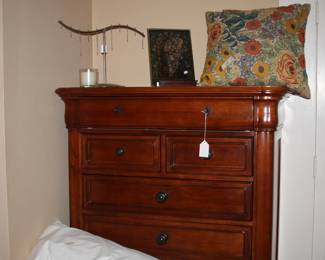 Leather king-size bed, bedroom furniture - chest of drawers, dresser and night stands, lamps