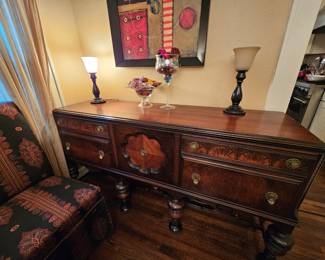 Antique Buffet cabinet, matching Dining table with 4/leaves, 4-leather/wood side chairs, 5-upholstered dining side chairs.