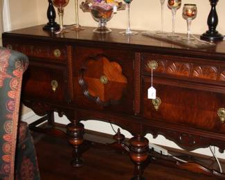 Antique Buffet cabinet, matching Dining table with 4/leaves, 4-leather/wood side chairs, 5-upholstered dining side chairs.
