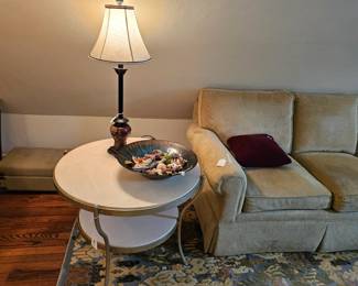 White slate table, lamp, sofa