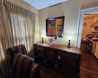 Antique Buffet cabinet, matching Dining table with 4/leaves, 4-leather/wood side chairs, 5-upholstered dining side chairs.