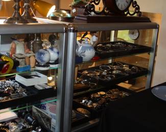 Waterford crystal ornaments, costume jewelry, Murano art glass, coins, men's and ladies watches