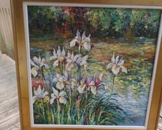 sold    44"x44" French artist framed $1,150  "Irirs in bloom"