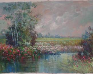 sold    unframed 24x36  British artist  $595          framed  approx. 4'x32" $750   "Flowers on pond"