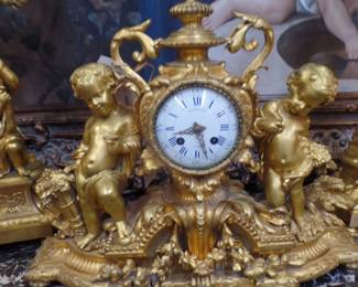three-piece period French gold Dore bronze mantel clock set, $2,200