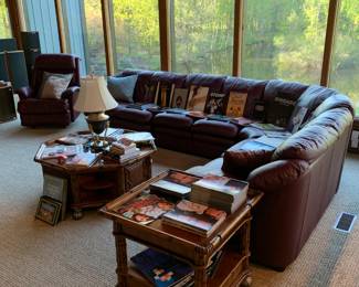 Hardwood matching coffee table and side table by American Signature. Couch and and recliner by La-Z-Boy.