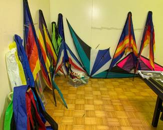 Amazing collection of vintage stunt/sport kites. Brands include Top of the Line Hawaiian Spin-off, Buena Vista Kite Co., White Bird Kites, Action Kites, Avenger Kites, Go Fly A Kite, Flexifoil.