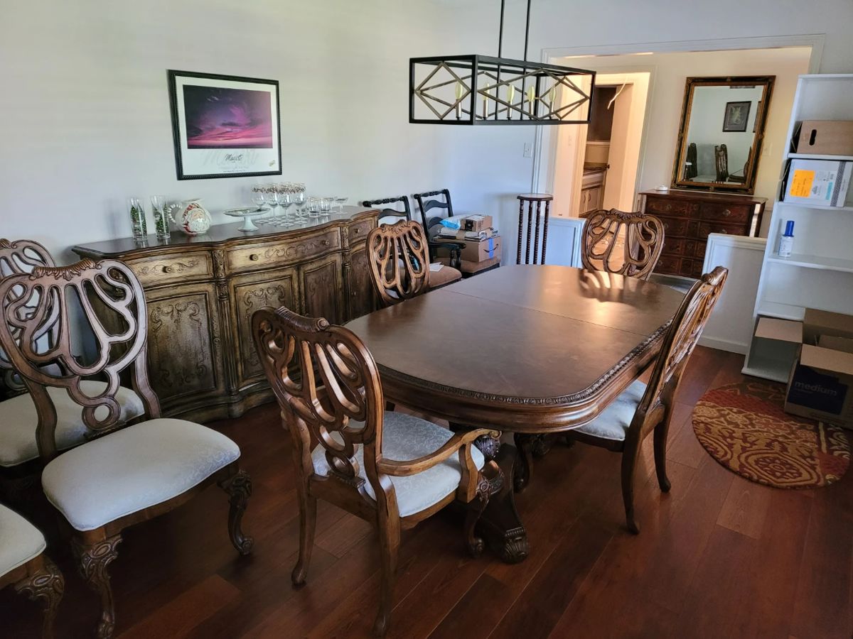 Dining table, chairs, buffet
