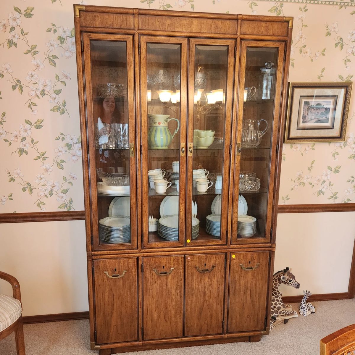 Drexel Campaign Pecan and Brass Hutch, Cabinet, Mid-century Modern 
