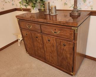 Drexel Campaign Pecan and Brass Rolling Flip Top Buffet, Bar