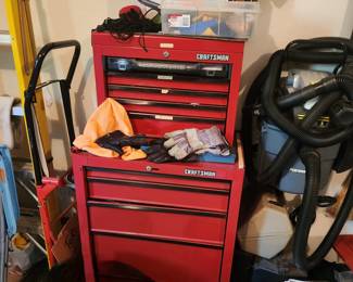 Craftsman tool box and various tools, garage and yard gadgets 
