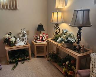 Set of 3 side tables, matching lamp pair. lamps are iron, very excellent