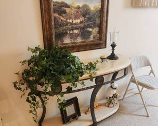 Signed print.  Tuscan style table, iron legs