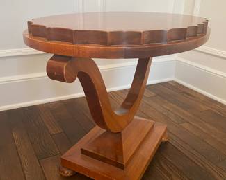 $295- Unusual Art Deco modern oval burlwood side table 26x19x20