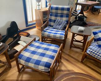 $1,450 McGuire bamboo living room set. Includes Loveseat (52x32x30) 2 end tables (20x20x21) 2 high back guest chairs (26x27x38) 2 guest chairs (29x31x30) Ottoman (27x26x18) and slate table 8 pieces 
